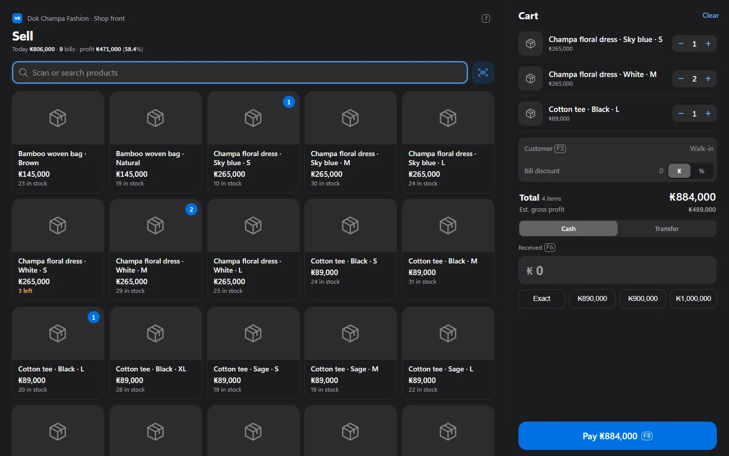 VisionX point of sale: products with sizes, a cart and the change to give